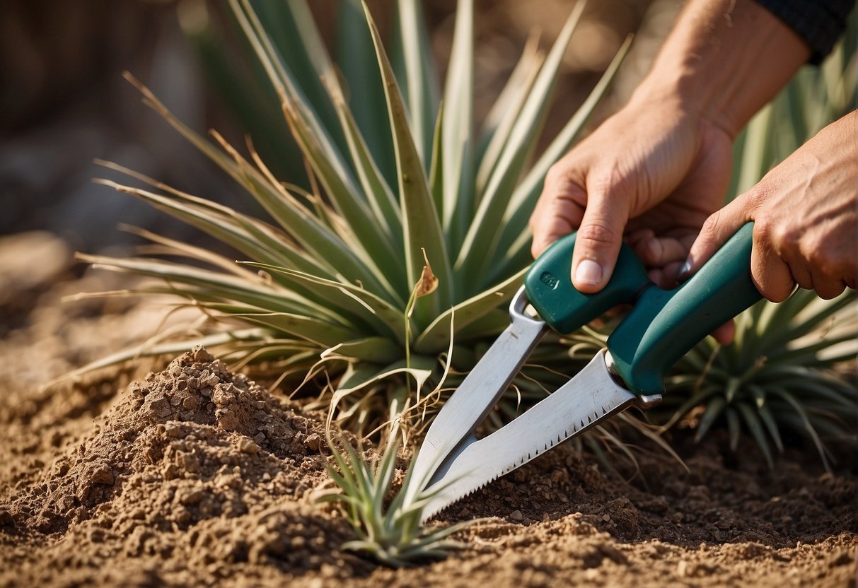 A pair of gardening shears snipping off a healthy yucca cutting. A small pot filled with sandy soil awaits the new plant
