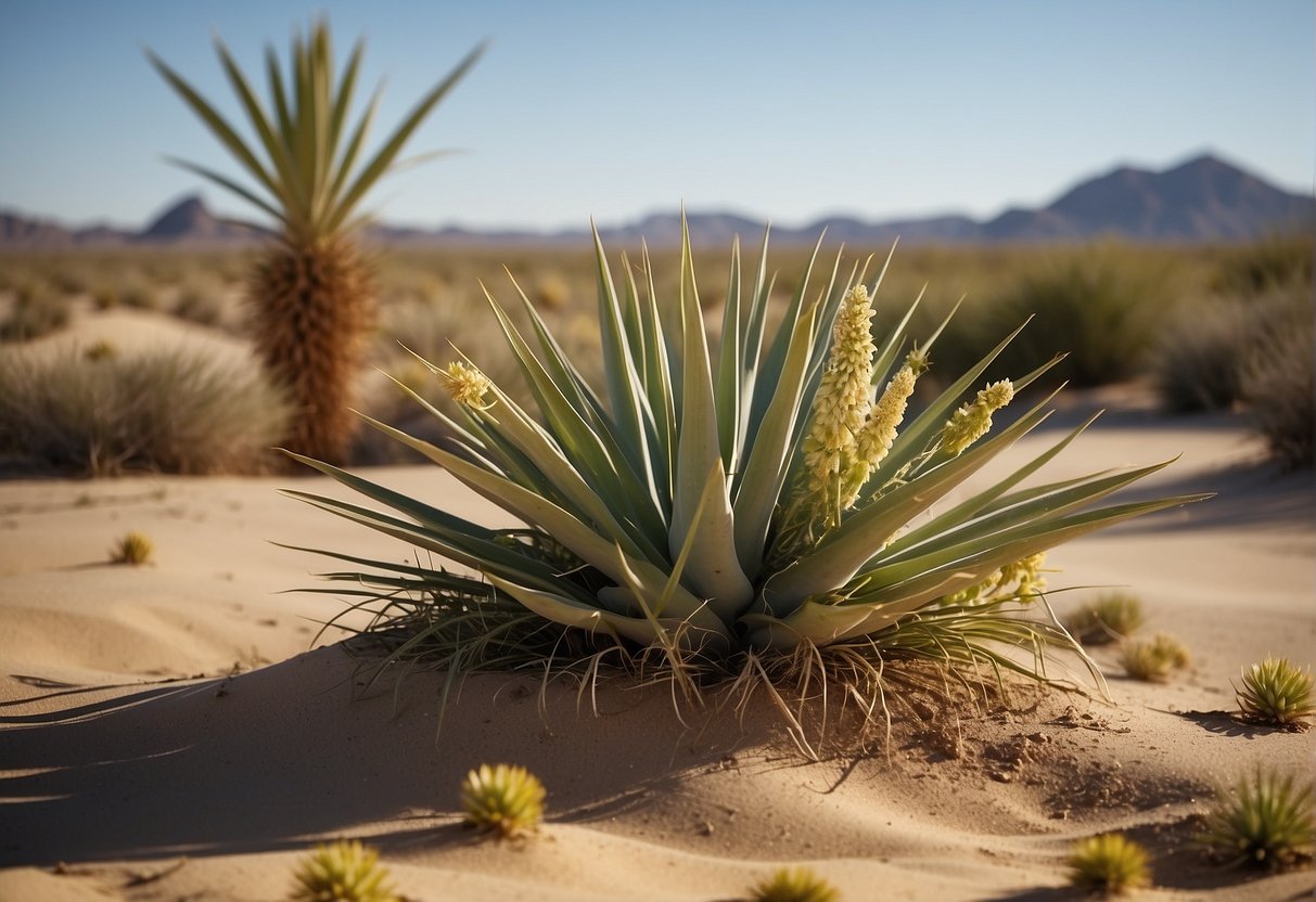 Yucca plants in desert landscape, with cuttings being taken. Sand, sun, and sparse vegetation