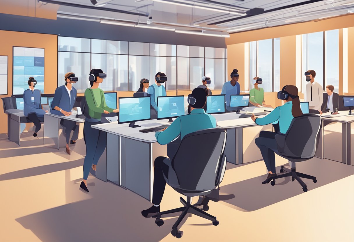 A group of employees engage in interactive technology training, using virtual reality and interactive simulations to enhance their customer service skills