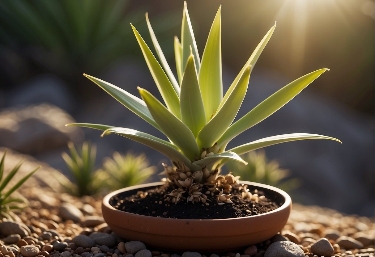A yucca plant sprouts from a small pot, growing tall with long, sword-like leaves reaching towards the sunlight. The soil appears well-drained and the plant is surrounded by a few scattered rocks