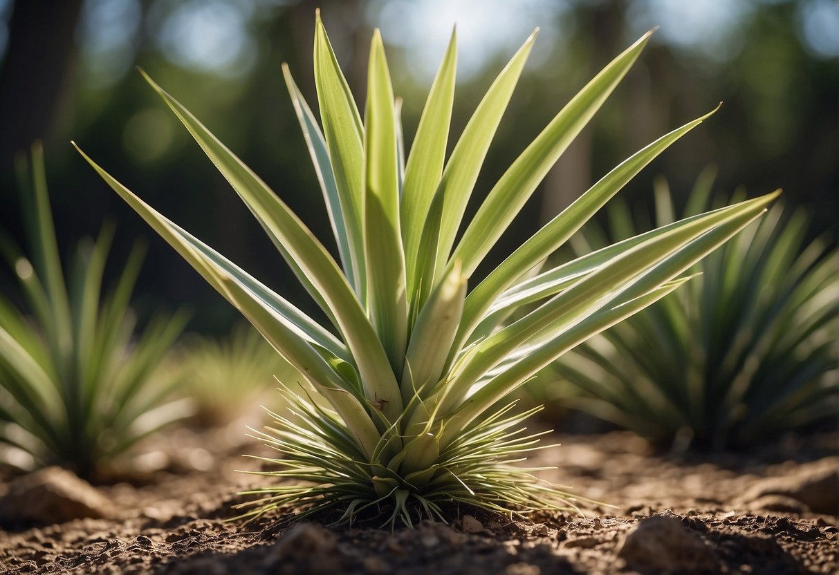 A yucca plant rapidly grows, its long, sword-shaped leaves shooting up from the center, surrounded by a cluster of smaller, younger shoots