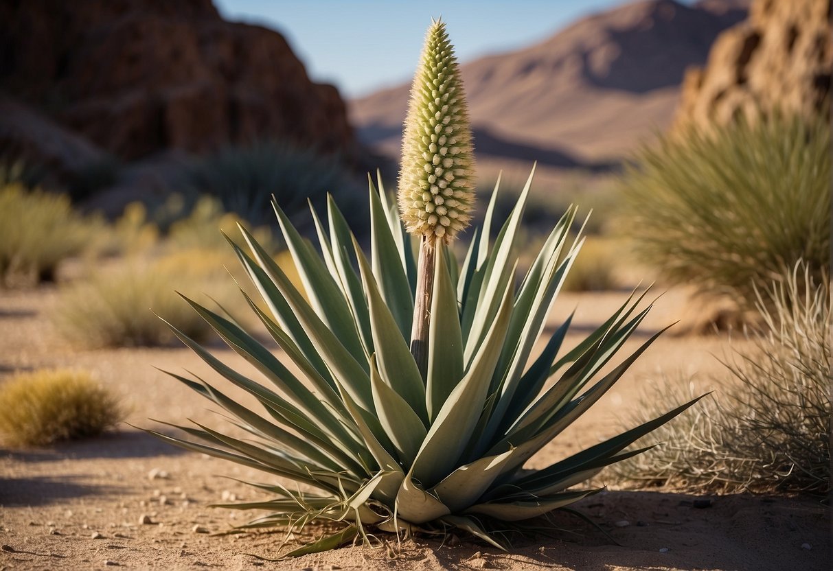 A yucca plant stands tall in a desert landscape, with long, sword-shaped leaves and a towering flower spike