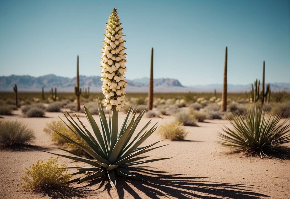 A yucca plant stands tall in a desert landscape, surrounded by other arid plants. Its long, sword-like leaves reach towards the sky, while its creamy white flowers bloom at the top