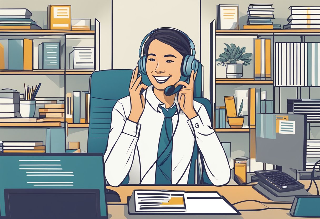 A customer service representative smiling while assisting a customer over the phone, surrounded by helpful resources and a positive work environment