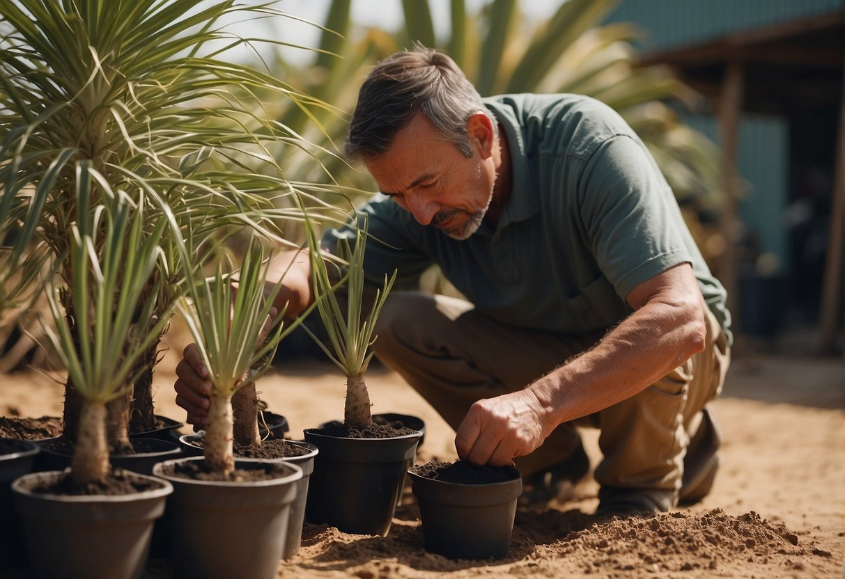 A person carefully repotting yucca plants into larger, well-draining pots with fresh soil, ensuring they have adequate sunlight and occasional watering