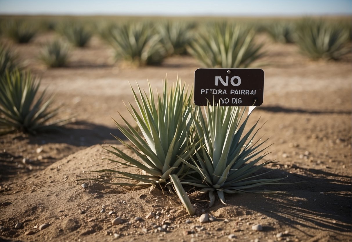 Yucca plants in North Dakota are protected by law. It is illegal to dig them up. The scene shows a yucca plant with a "no digging" sign nearby