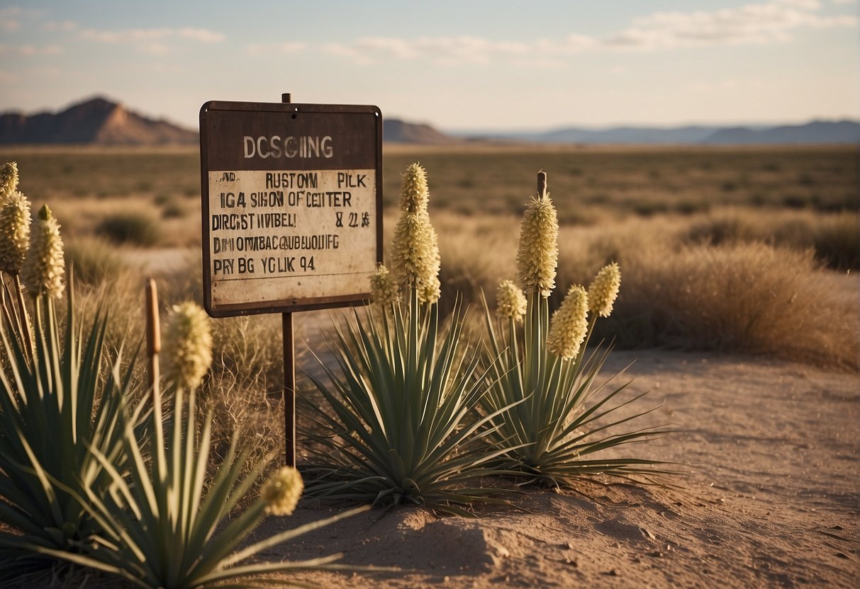 Yucca plants in a dry North Dakota landscape, with a sign prohibiting digging, surrounded by other native flora