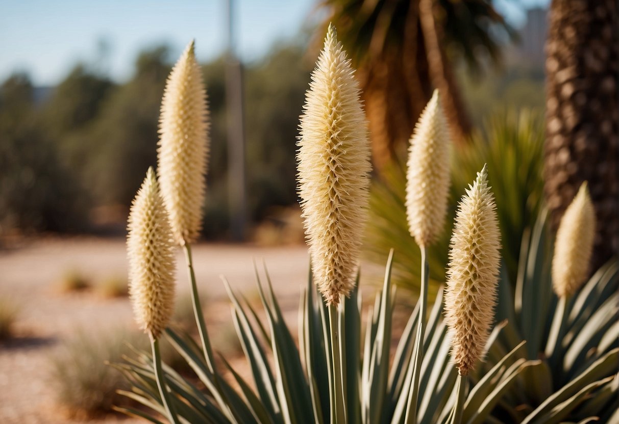 Dry yucca plants stand tall, with long, slender, and rigid leaves. The leaves are a pale yellow or brown color, and the plant may have dried flower stalks