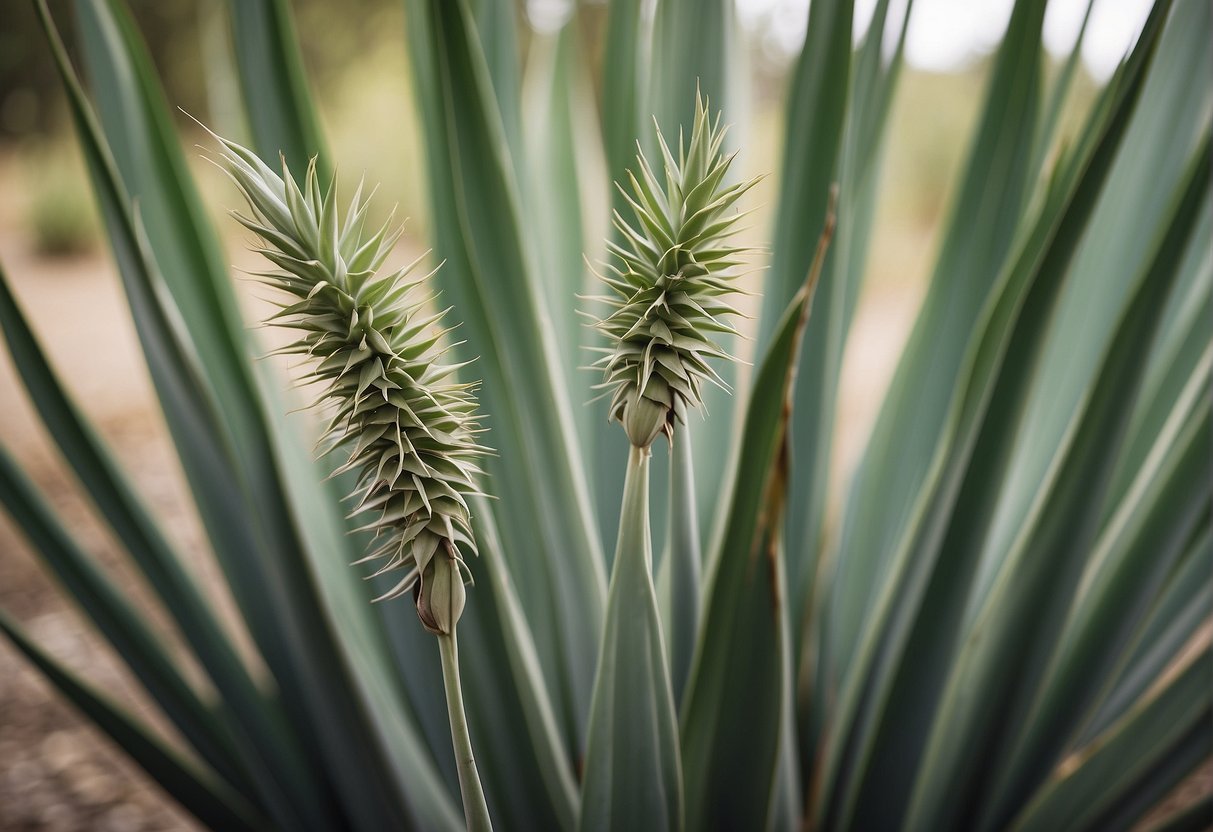 Dry yucca plants stand tall with long, slender, spiky leaves splayed out in all directions. The leaves are a pale, muted green color, and the plant has a rough, textured appearance