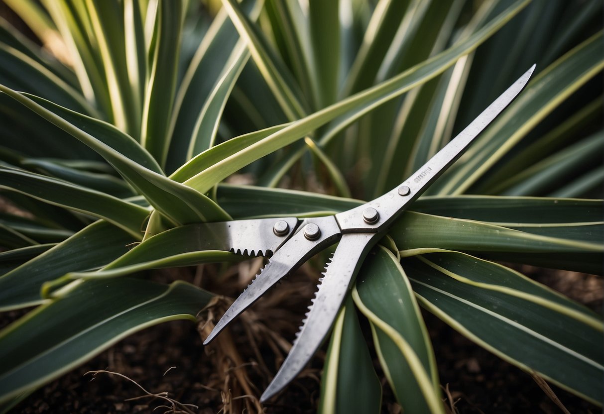 A pair of gardening shears carefully trims back the long, sword-like leaves of a yucca plant. The cuttings are collected in a tidy pile nearby, while the remaining plant is left looking neat and well-maintained