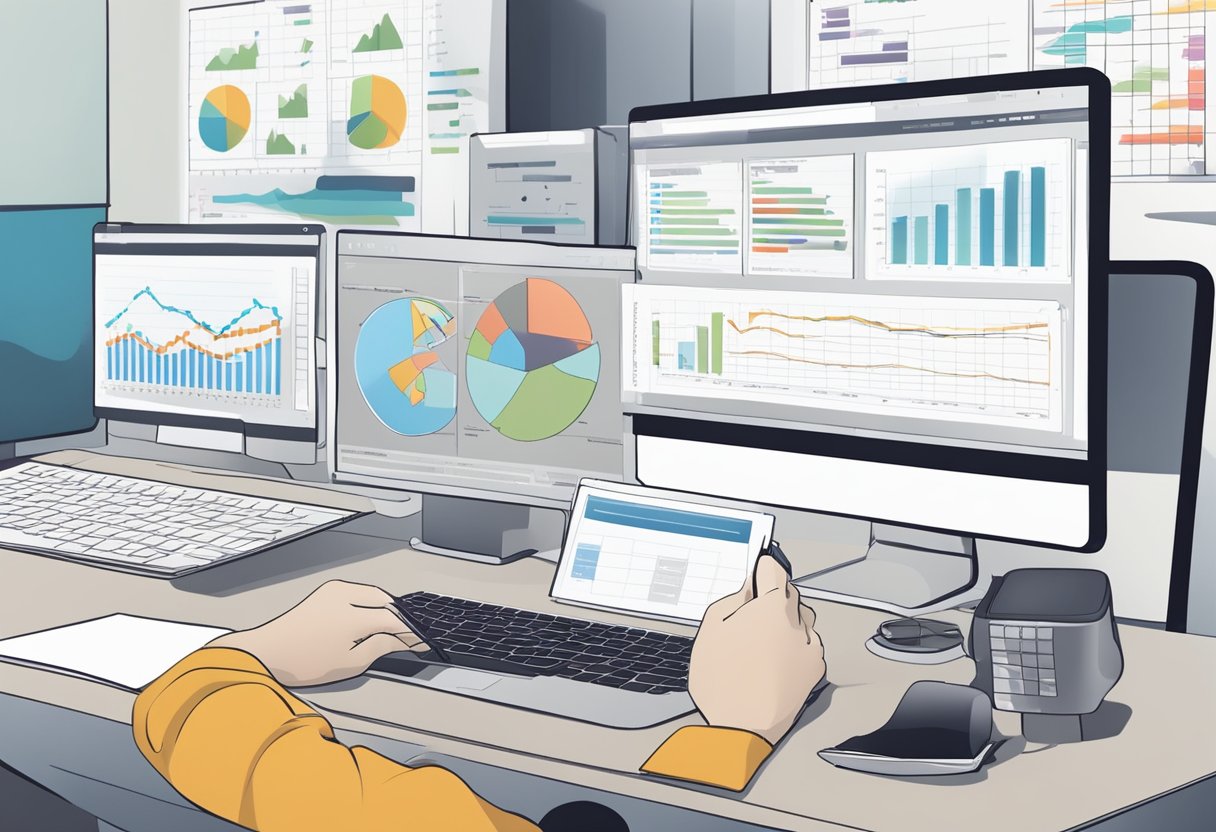 A desk cluttered with feedback forms, charts, and a computer displaying data analysis software. A hand holds a pen, circling a key point on a graph