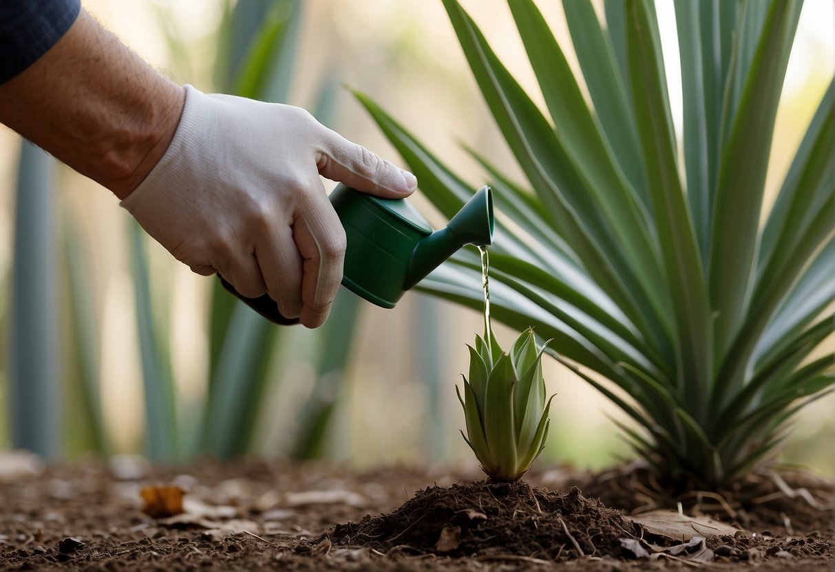 A hand reaches for a yucca plant, trimming dead leaves and inspecting for pests. A watering can sits nearby, ready to nourish the plant