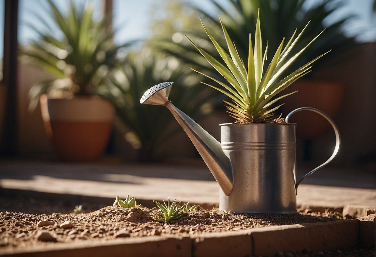 A yucca plant sits in a sunny room, surrounded by well-draining soil. A watering can and pruning shears are nearby