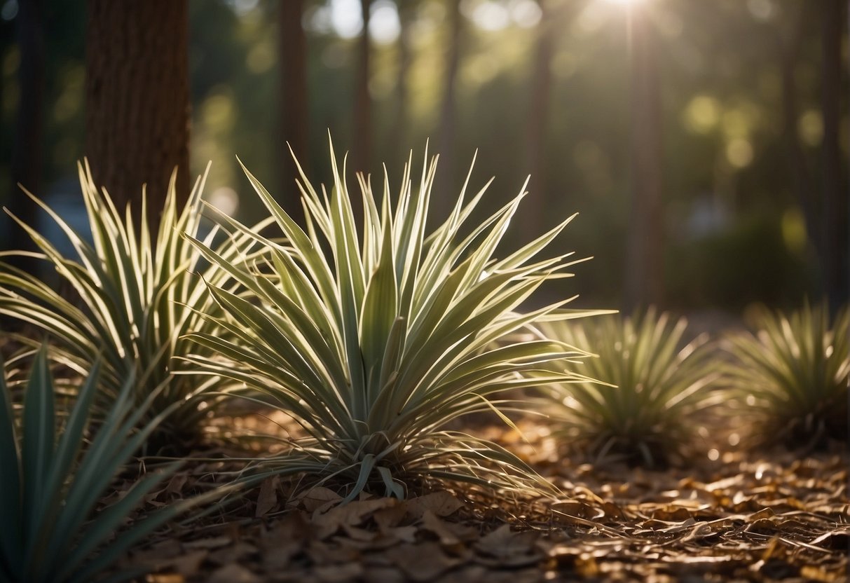 Sunlight filters through tall yucca plants. A gardener prunes with shears, thinning out leaves. Fallen leaves litter the ground