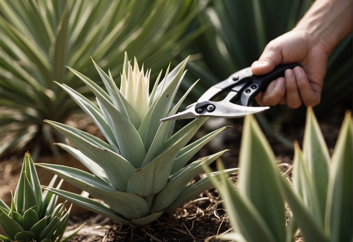 An outdoor yucca plant being pruned with gardening shears to thin out its foliage