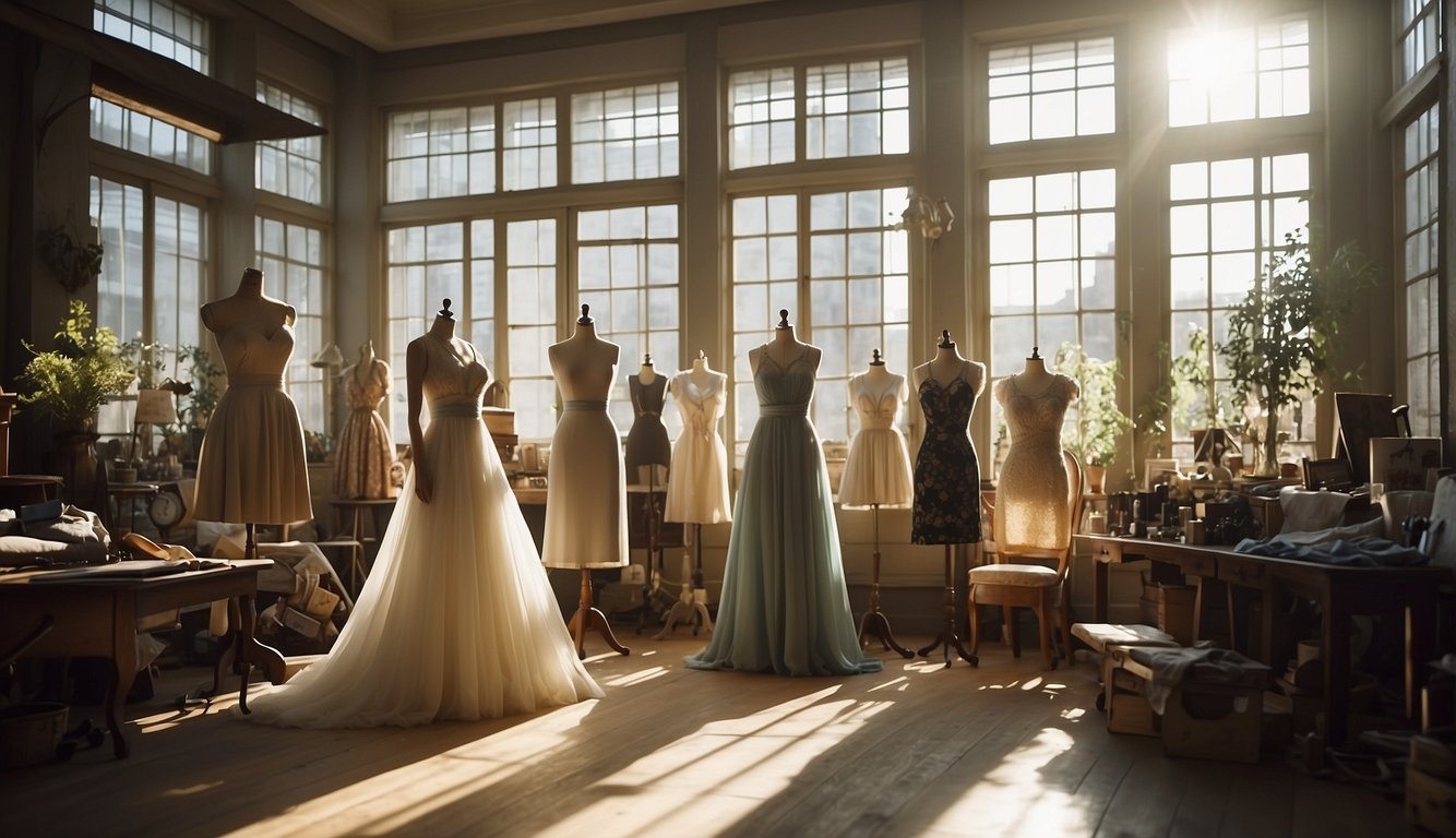 A cluttered atelier with fabric swatches, dress forms, and sketches. Sunlight streams through tall windows, casting long shadows on the elegant, empty space