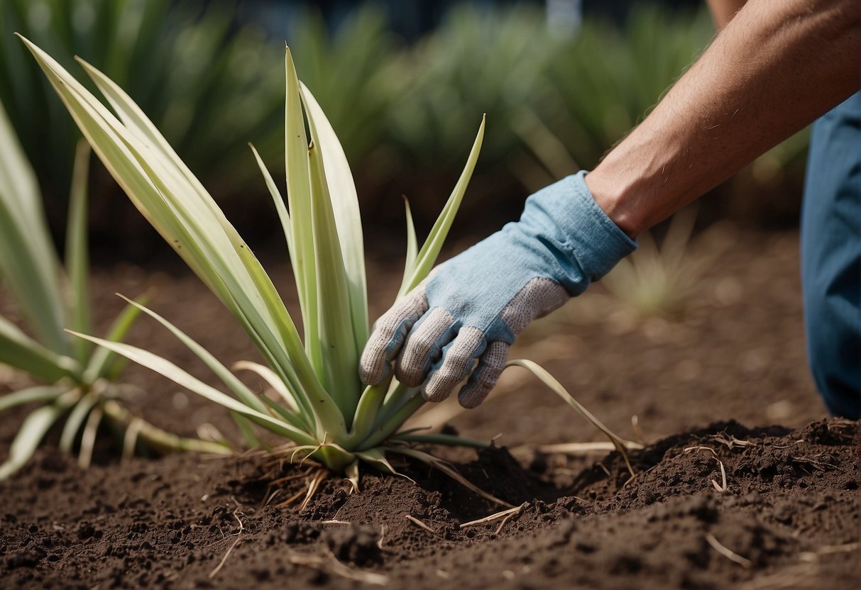 The yucca plants are being uprooted and removed from the ground using a shovel and gloves