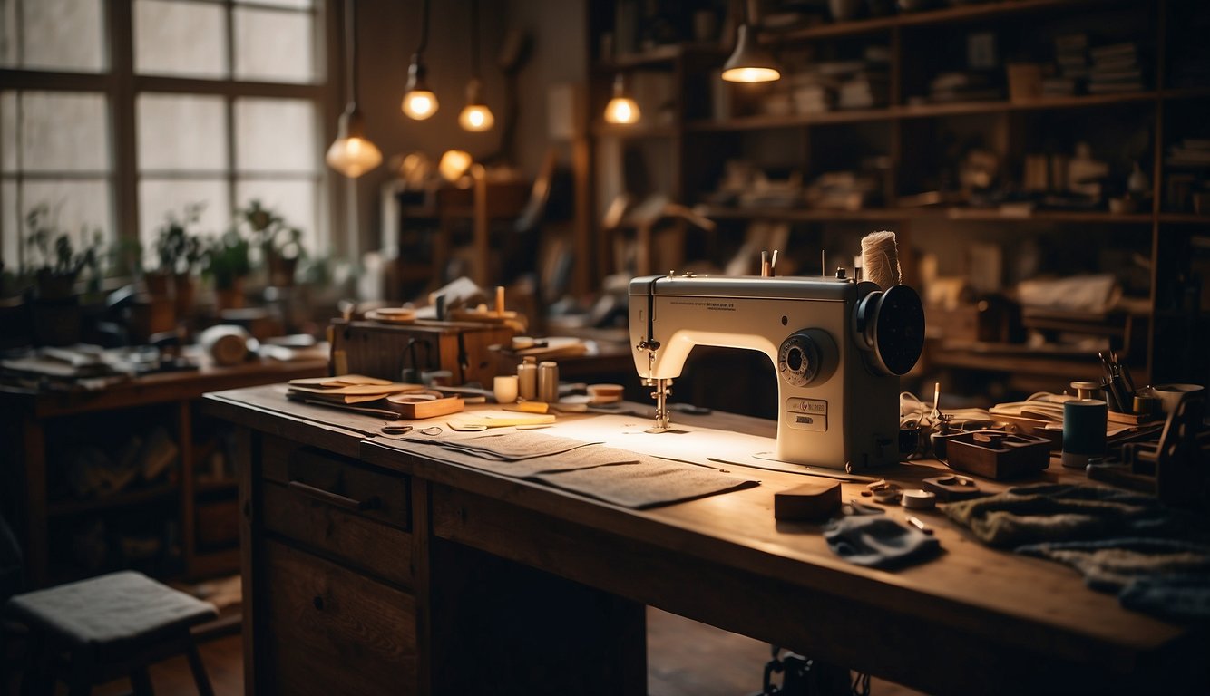 A dimly lit atelier, filled with sketches and fabric swatches. A solitary figure hunched over a sewing machine, surrounded by the tools of their trade