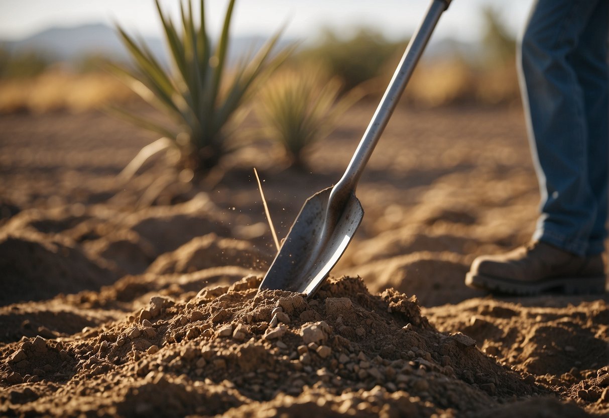 A shovel digs into dry soil, uprooting a stubborn yucca plant. Roots and dirt fly as the plant is pulled from the ground