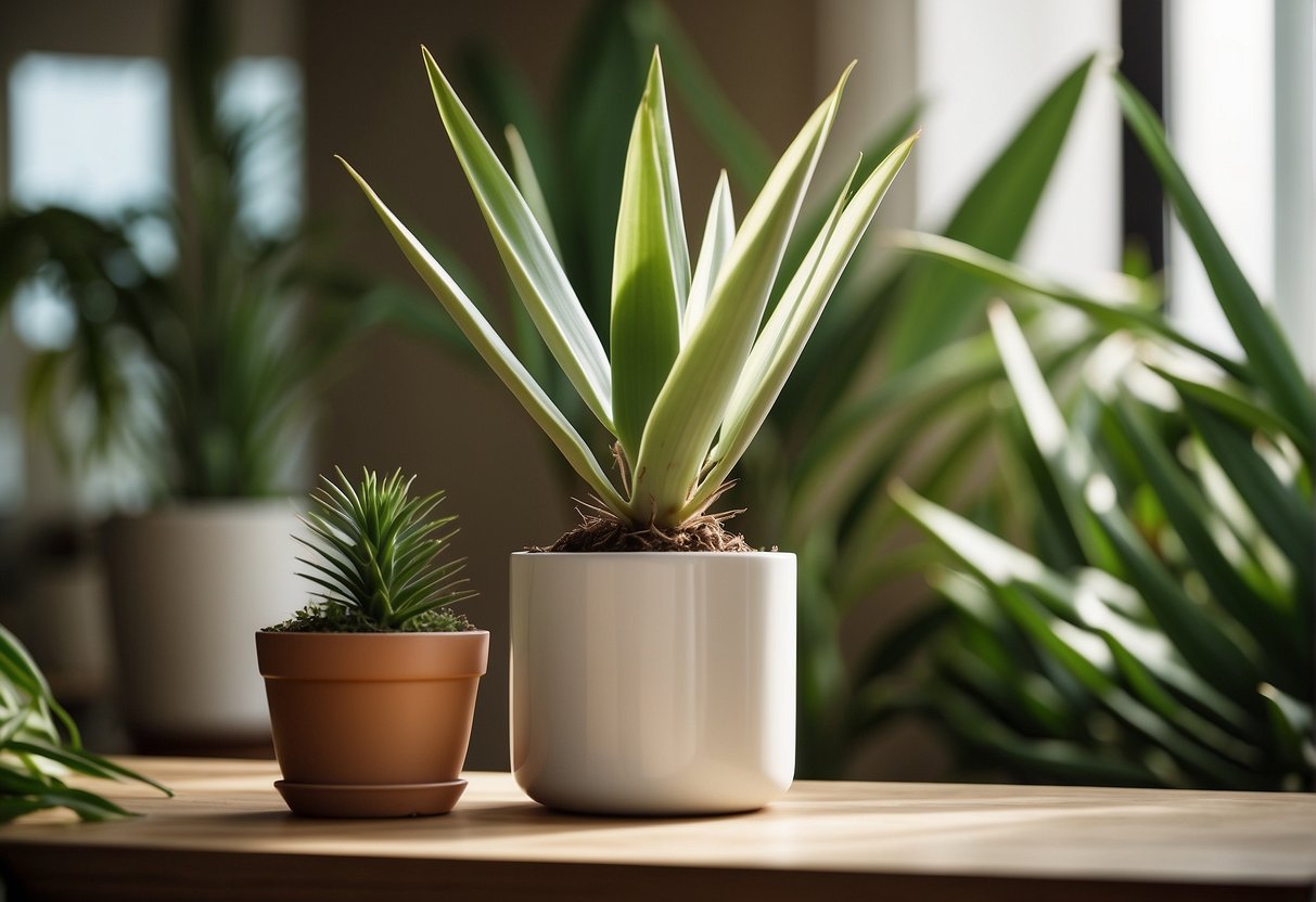 A bag of yucca plant food sits next to a healthy yucca plant in a well-lit room. The plant is thriving with vibrant green leaves and sturdy stems