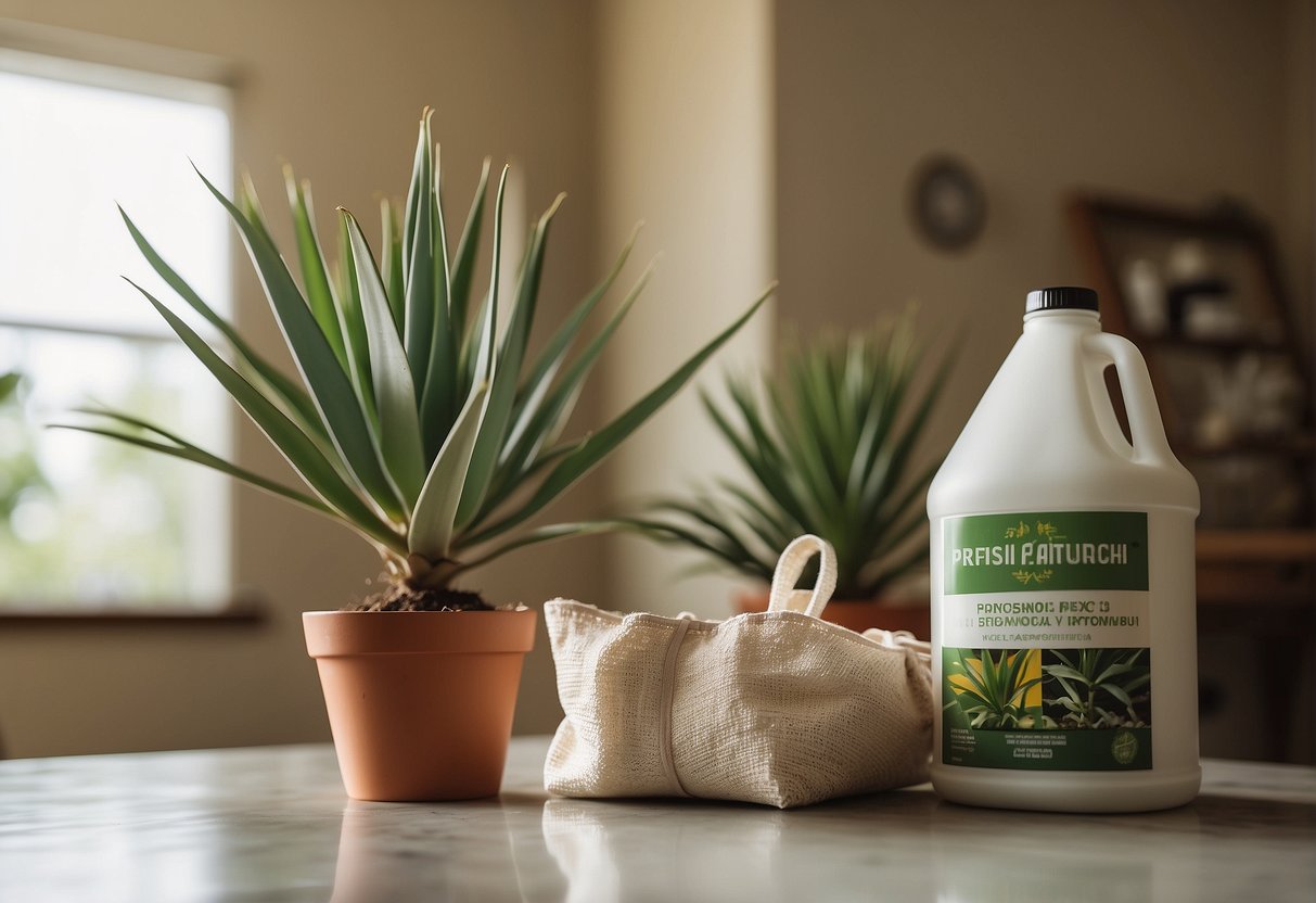 A bag of fertilizer sits next to a healthy yucca plant in a well-lit room, with a watering can nearby