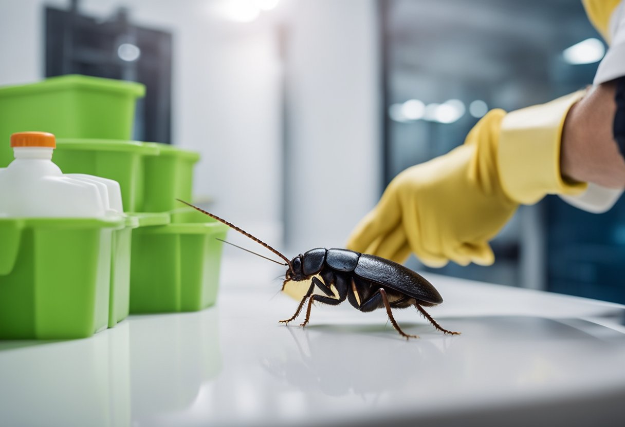 A professional pest control technician in Bergen, Norway, is actively addressing a rodent and cockroach infestation in a residential building