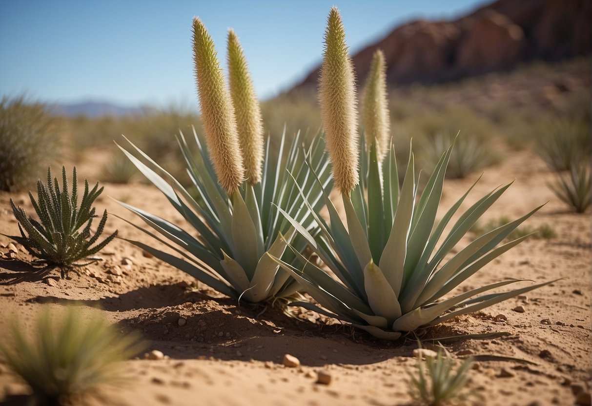 Yucca Elata being planted in desert soil, surrounded by other drought-resistant plants
