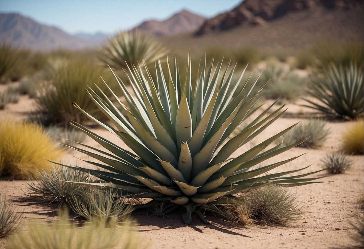 A desert landscape with yucca elata plants thriving in the arid environment, surrounded by other native desert flora