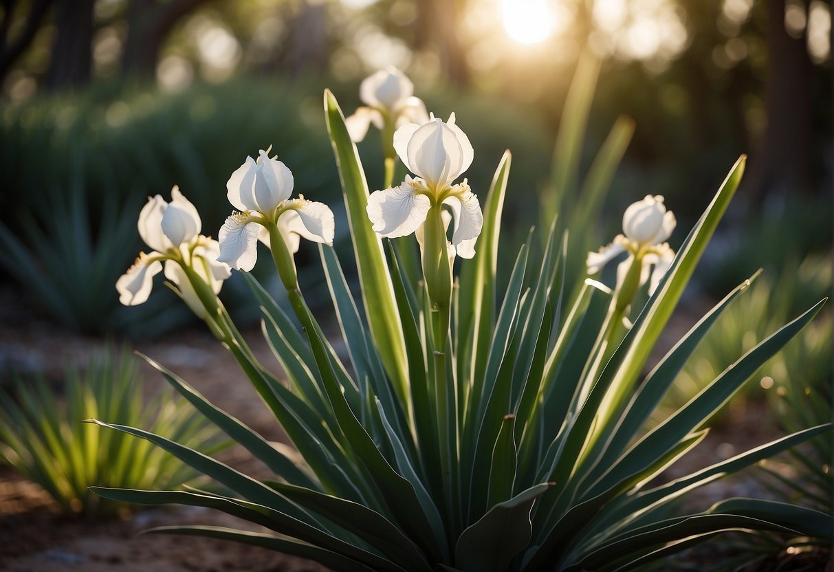 Iris and yucca plants with round, green pods growing on their stems