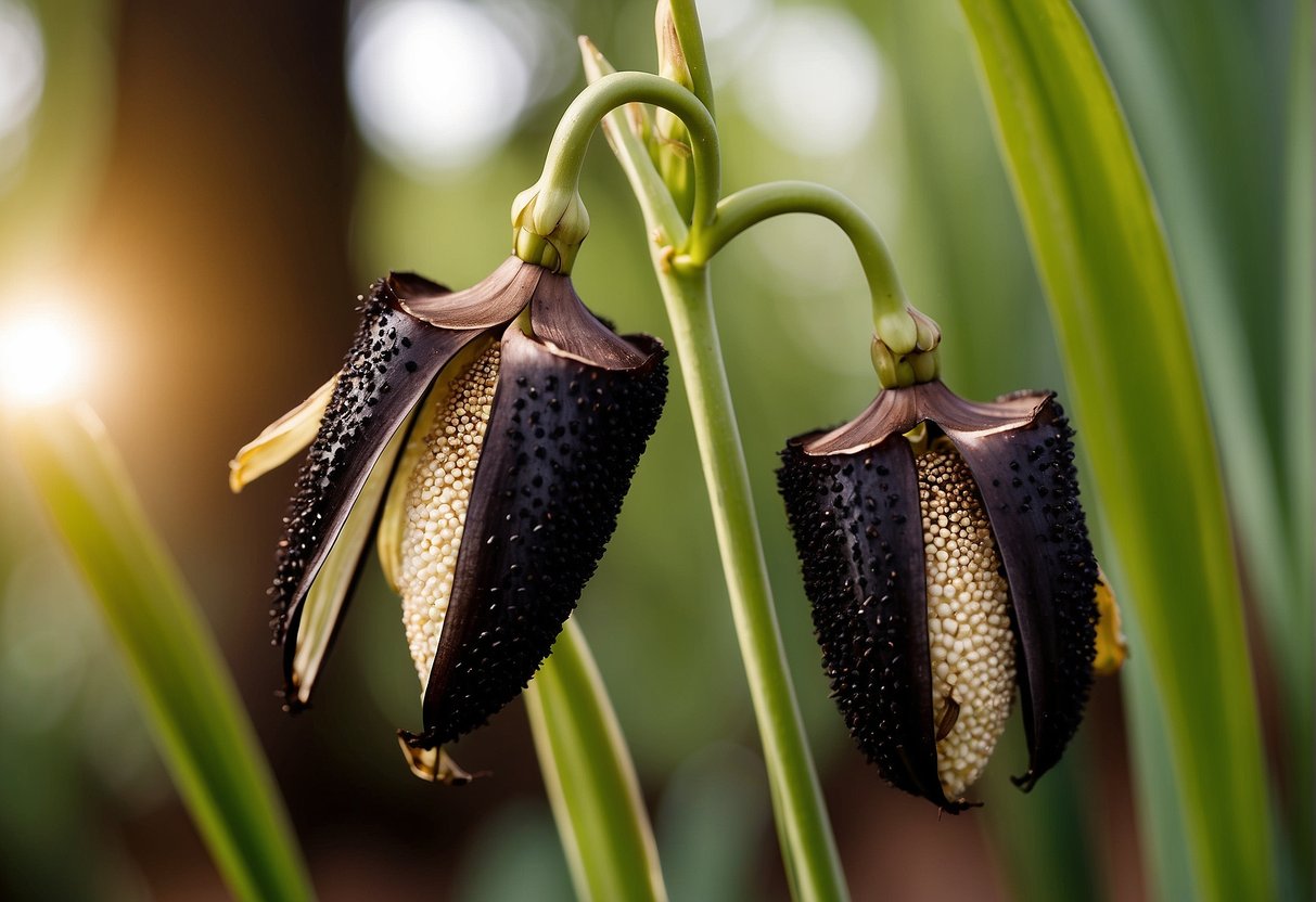 Iris pods burst open, revealing shiny black seeds. Yucca pods dangle from the plant, splitting open to release small, round seeds
