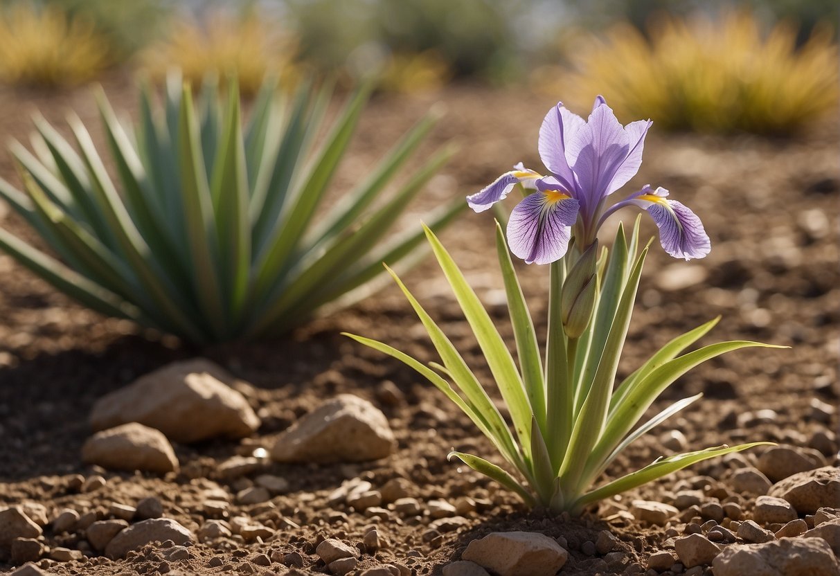 Iris and yucca plants with mature pods, surrounded by well-drained soil and receiving adequate sunlight and water