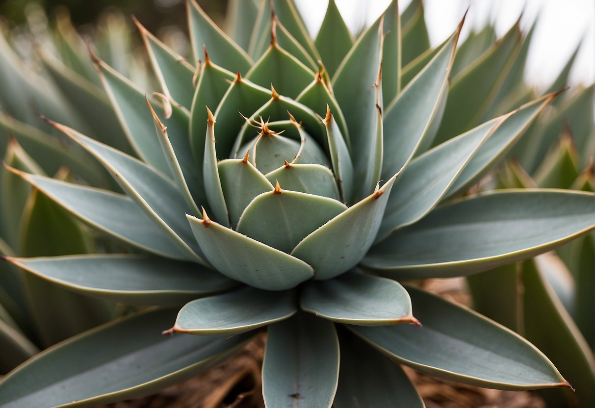 Agave has thick, spiky leaves in a rosette shape, while yucca has long, sword-like leaves clustered around a central stalk