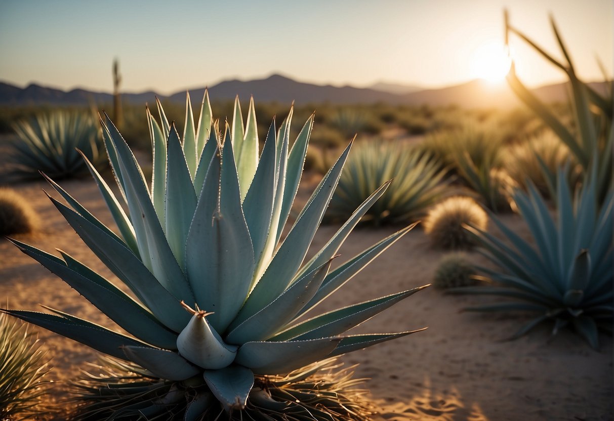 An agave plant grows in arid desert, with thick, spiky leaves and a tall flowering stalk. In contrast, a yucca plant has thinner, sword-shaped leaves and a shorter, more compact appearance. Both plants play important roles