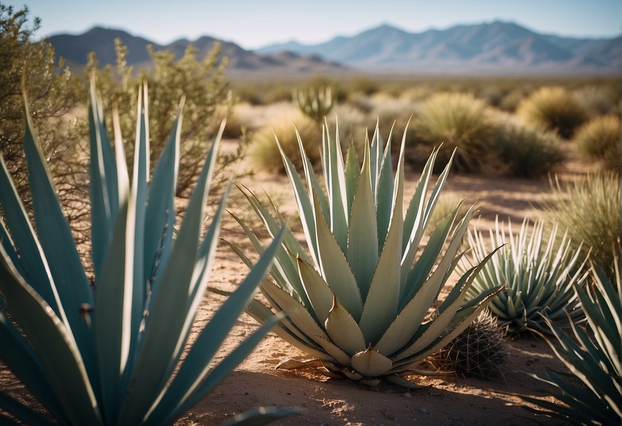 A desert landscape with agave and yucca plants under a clear blue sky