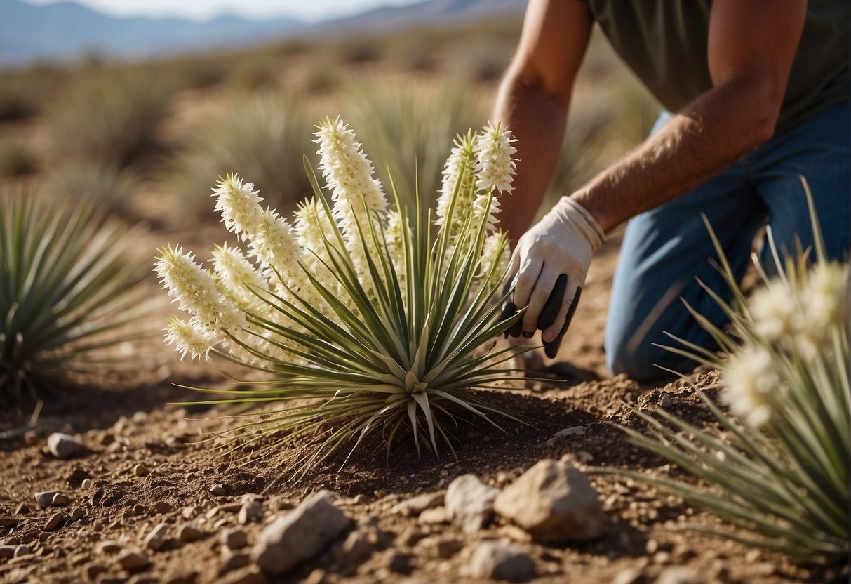 A person is digging up a yucca plant in Mesa County, Colorado. The plant is tall with long, sword-shaped leaves and a cluster of white flowers at the top