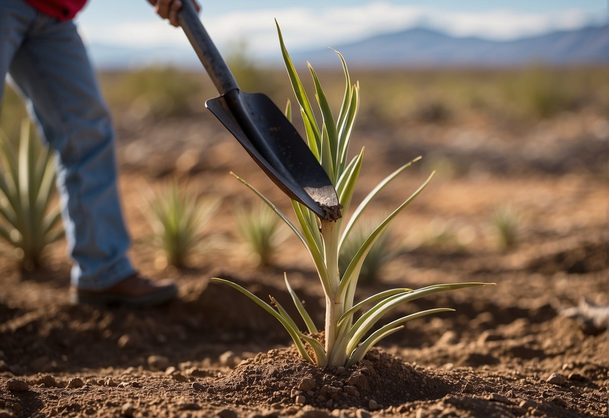 A shovel digs up a yucca plant in Mesa County, Colorado. The plant is carefully lifted and transplanted to a new location