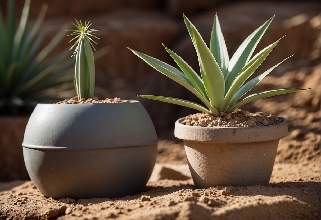 A yucca plant sits in a well-draining pot, with dry soil and a moisture meter indicating the need for water
