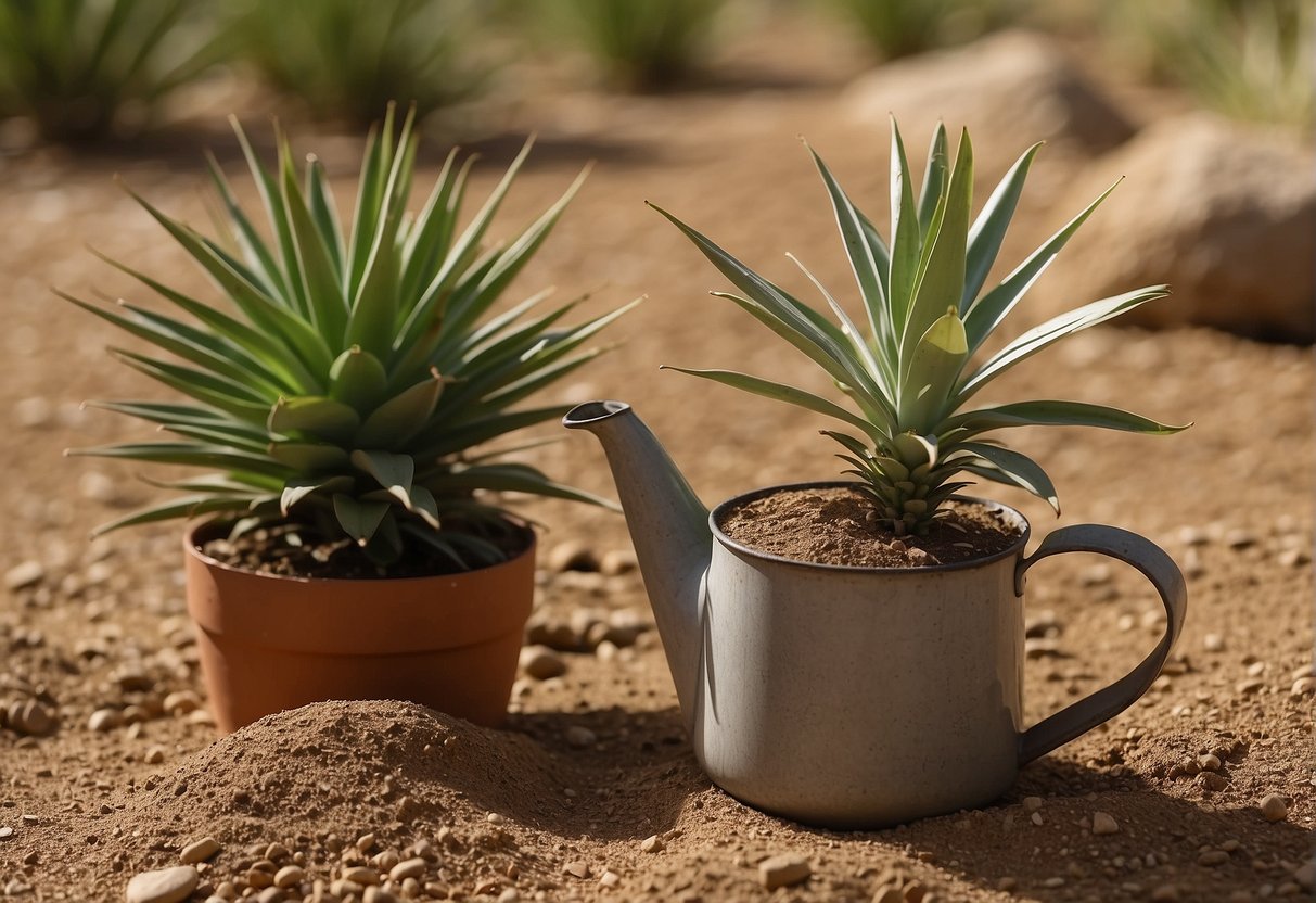 A yucca plant sits in a pot, surrounded by dry soil. A watering can hovers above, pouring a gentle stream of water onto the plant's base