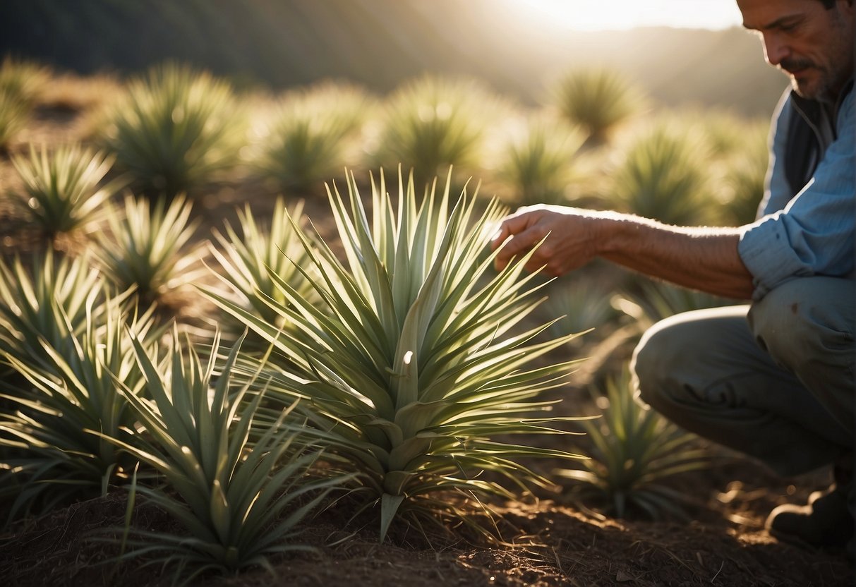 Yucca plants being carefully harvested for medicinal use. Tools and containers nearby. Bright sunlight illuminates the scene