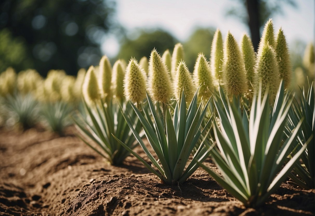 Yucca plants being separated in a garden in Indiana during the springtime, with the sun shining and the soil being carefully tilled