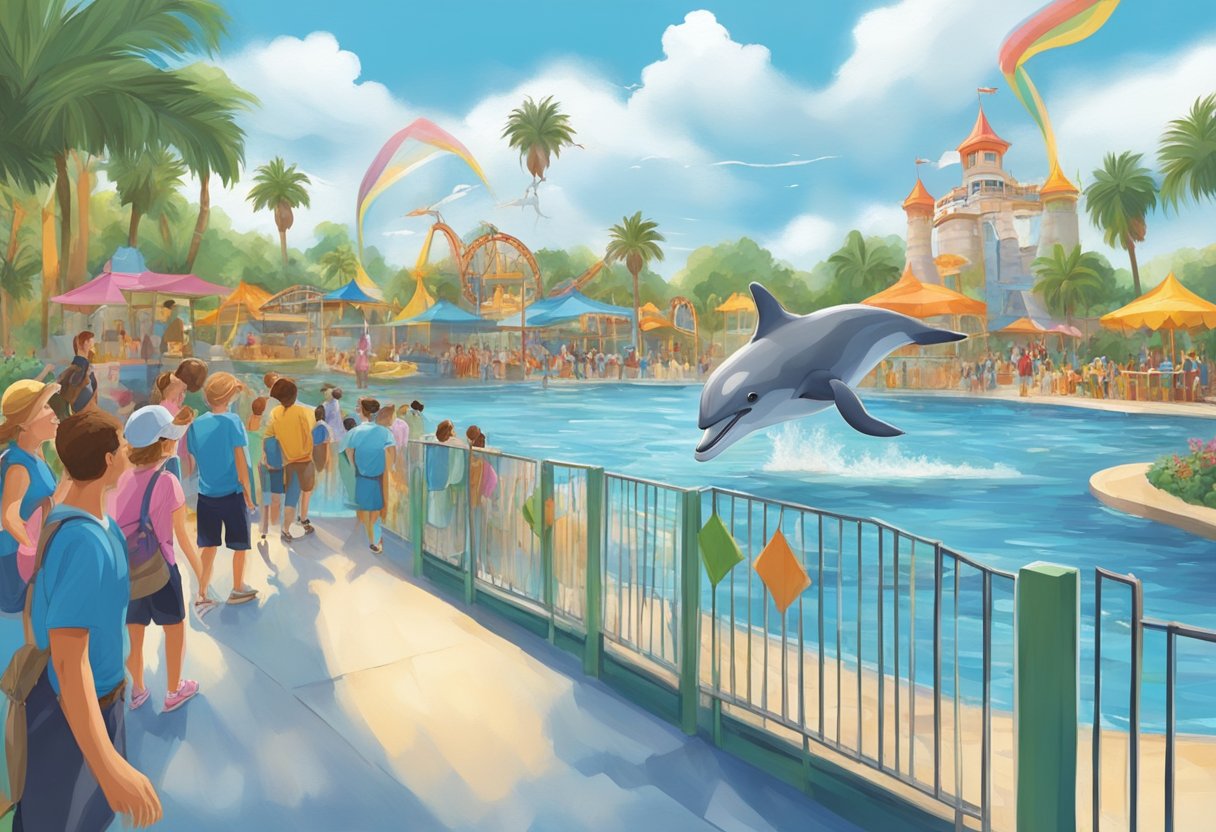 Visitors watch as a playful dolphin leaps out of the water at a thrilling theme park with animal encounters near Orlando