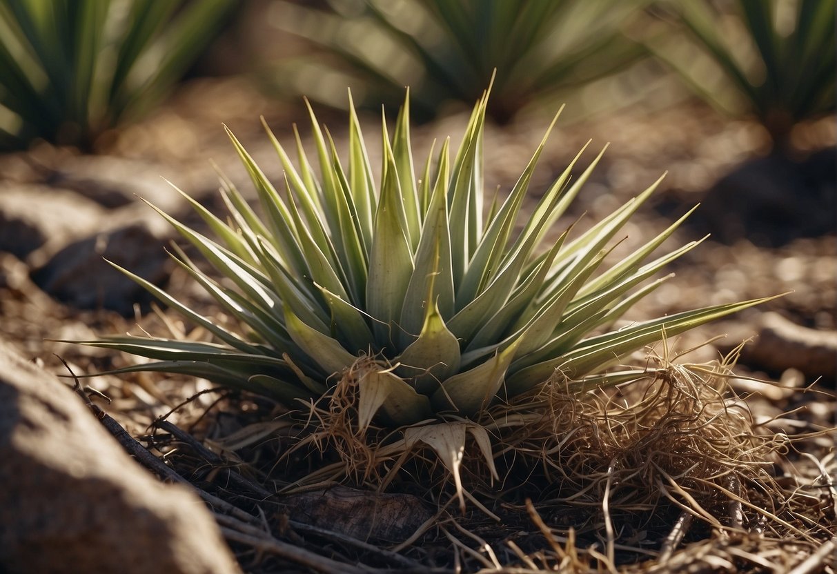 Yucca plants being uprooted and disposed of in a pile of dead vegetation