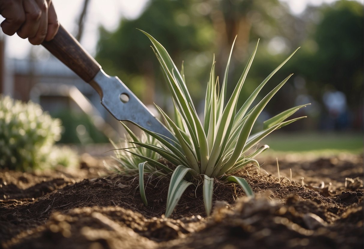 Yucca plants being pulled out of the ground and chopped into pieces with gardening tools