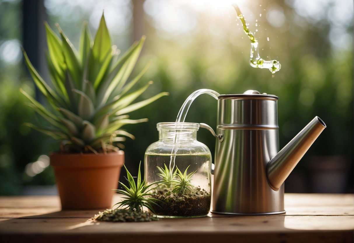 Yucca extract being poured into a watering can, with cannabis plants in the background