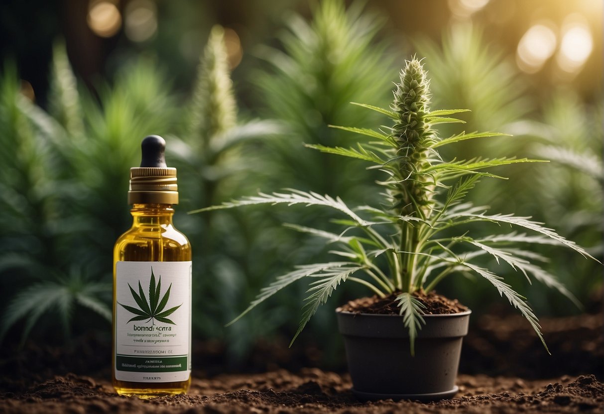 A cannabis plant surrounded by yucca plants, with a bottle of pure yucca extract nearby. The plant appears healthy and thriving, with vibrant green leaves and strong stems