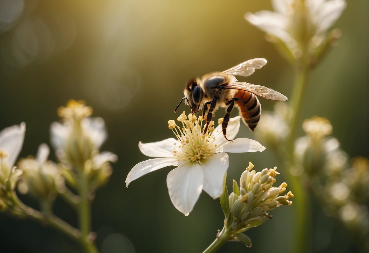 A bee lands on a yucca flower, collecting pollen. Another bee flies to a different flower, transferring the pollen and pollinating the plant