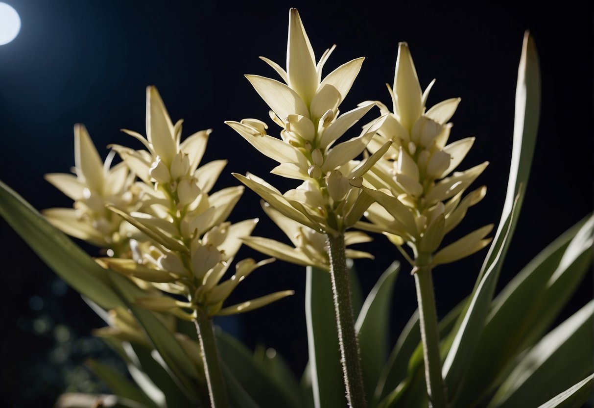 Yucca plants are pollinated by yucca moths at night. The moth collects pollen and deposits it on the stigma of the yucca flower, aiding in the plant's reproduction