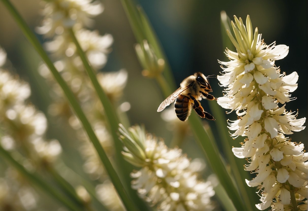 A bee hovers over a blooming yucca plant, collecting pollen from the flowers