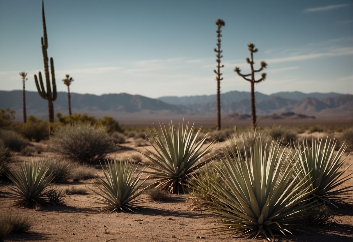 Yucca plants hover above a desolate landscape, their long, spiky leaves reaching towards the sky. A lone figure gathers the plants, preparing to utilize them for survival