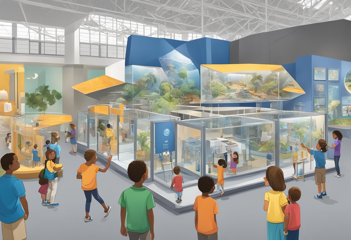 Visitors explore interactive exhibits at Orlando's science museum. Displays feature hands-on activities and educational attractions for all ages